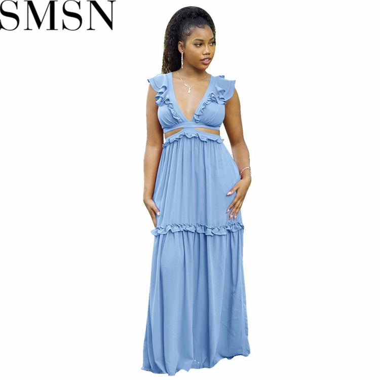 Plus size dress Amazon Quality Dress Sexy Deep V Lace up Wooden Ear Ruffled Vest Dress