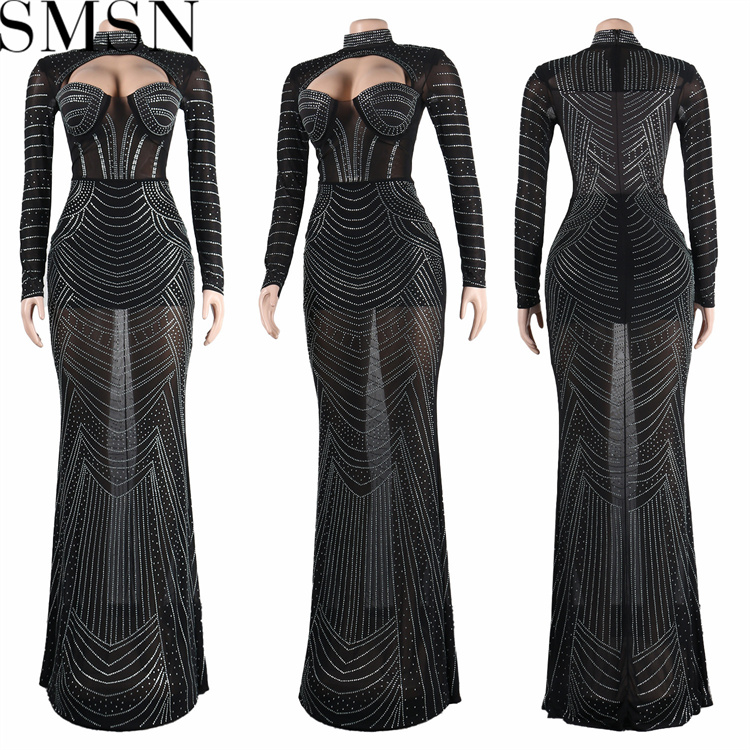 Plus Size Dress Europe and America cross border Women see through slim fit rhinestone dress