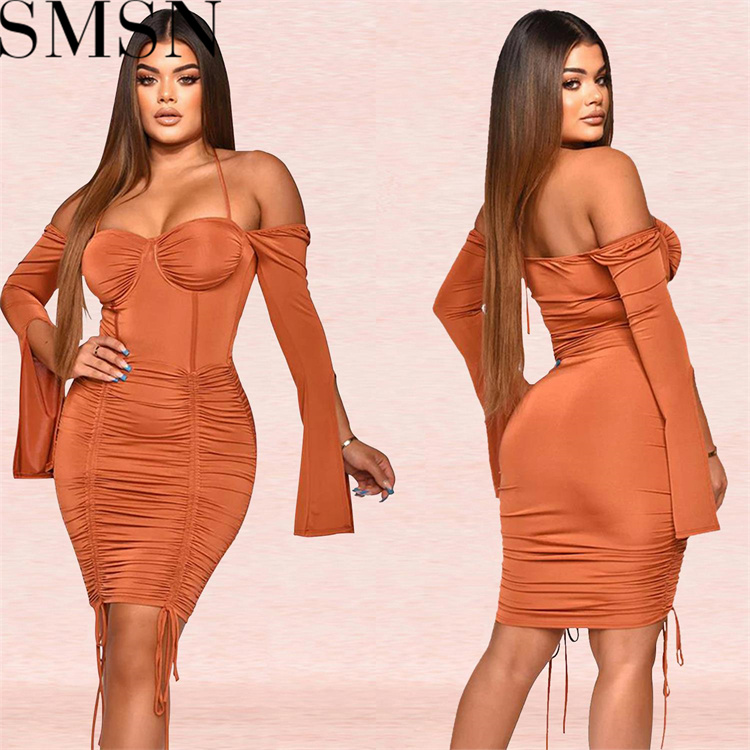 Plus Size Dress Amazon European and American fashion women lace up long sleeve skirt dress