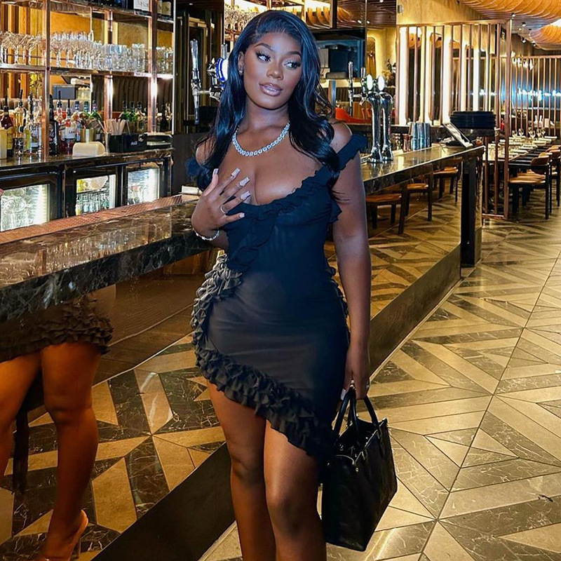 V-Neck Suspender Dress Women'S Fashion Sexy Backless Stitching Lotus Leaf Skirt