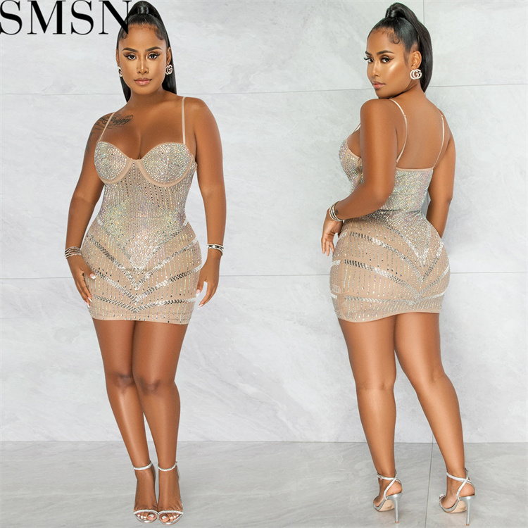 Casual Dress Amazon nightclubs hot rhinestone sexy see through wrapped chest midi dress