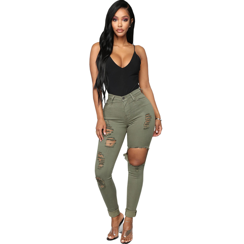 Fashion high waist denim hole tights