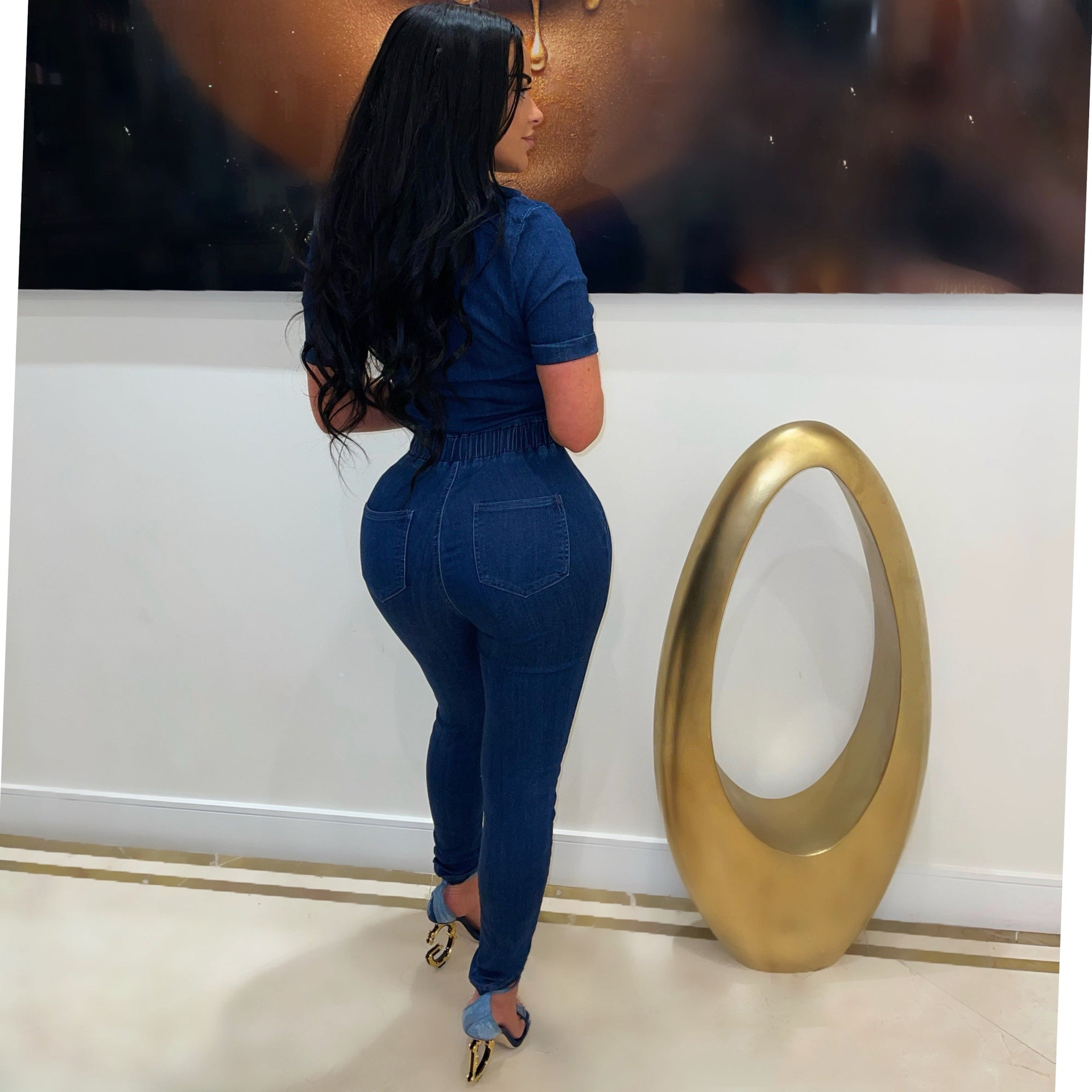 Sexy slim fitting fashion short sleeved denim jumpsuit