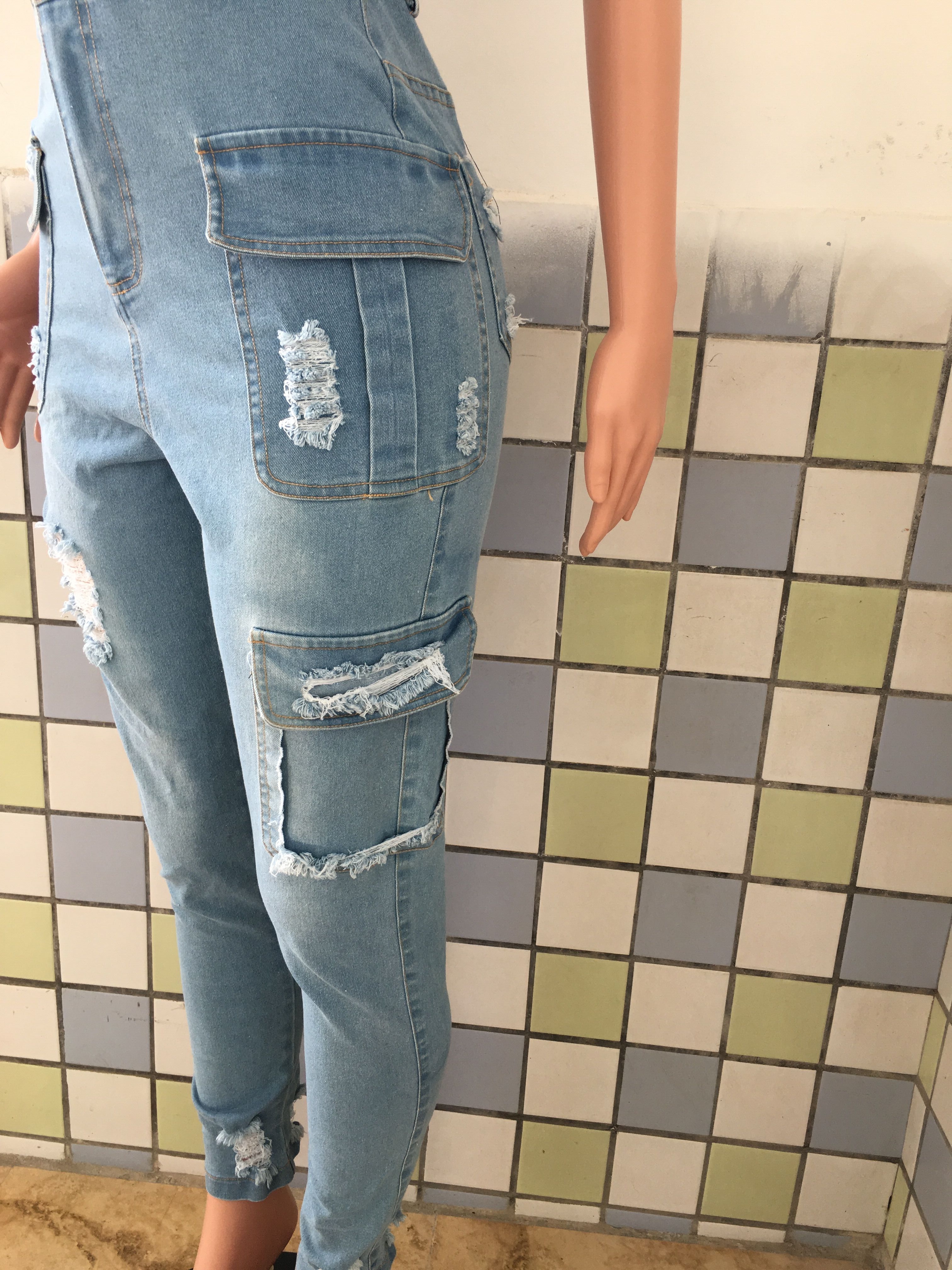 Casual slim hole denim Jumpsuit