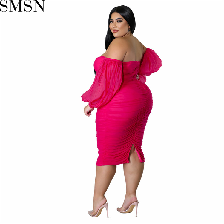 Plus Size Dress autumn new large size women dress skinny mesh pleated long sleeve one step dress
