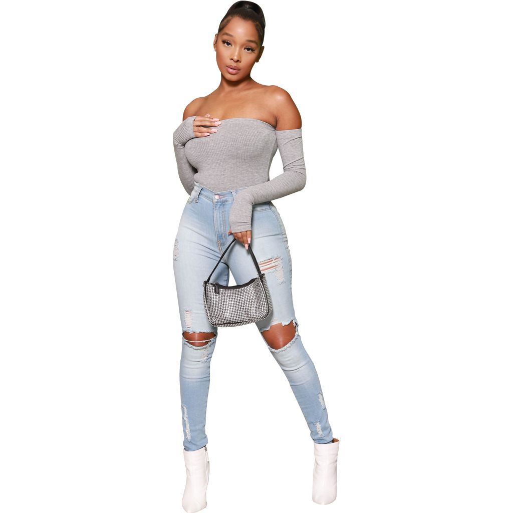 Hole washing slim elastic denim Leggings