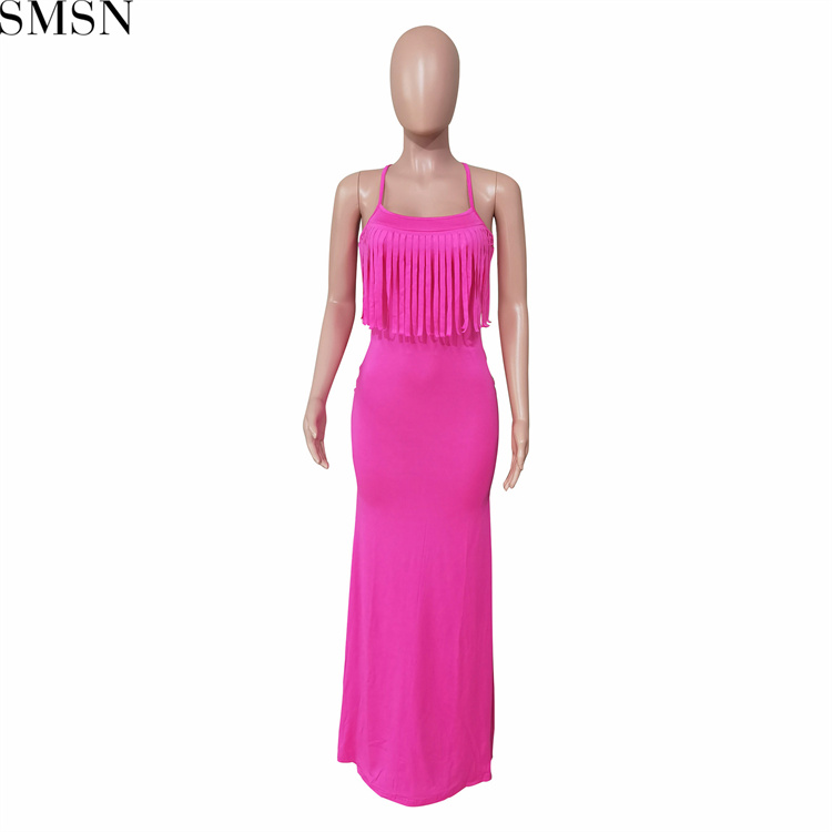 Casual Dress  European and American women sexy fashion halter neck tie halter fringed dress