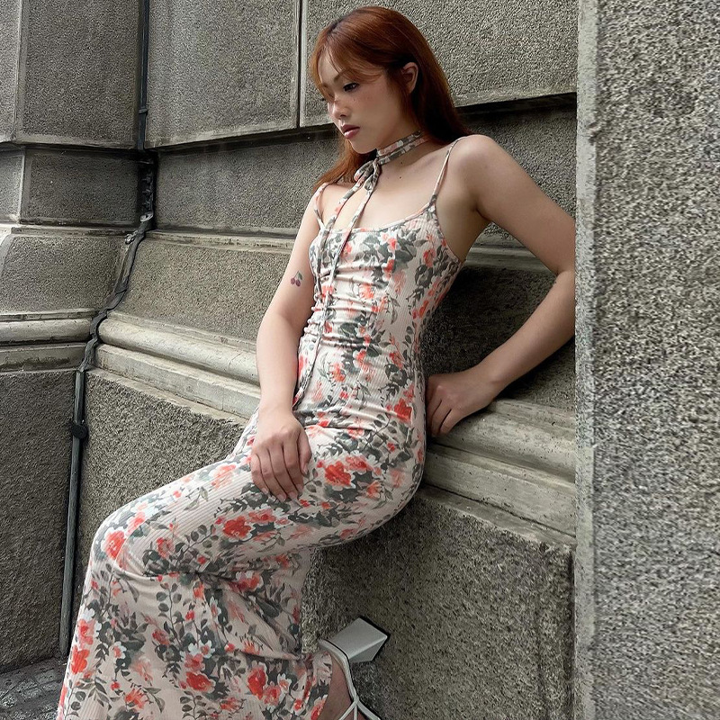 Printed Sexy Slim Fit Fragmented Flower Strap Open Back Dress