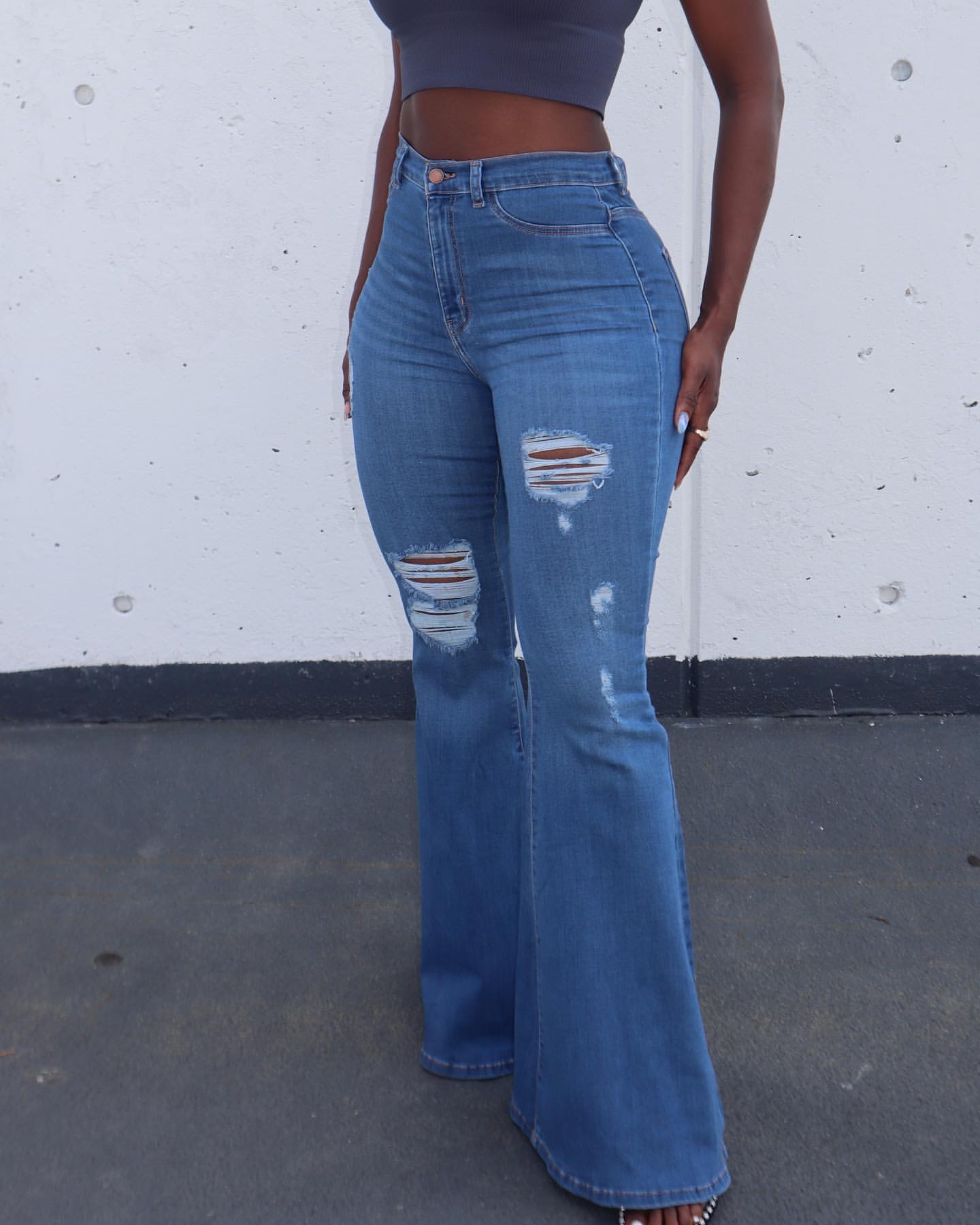 Perforated denim flared pants