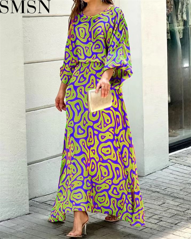 Casual Dress summer New loose plus size print long sleeved top high waist long dress