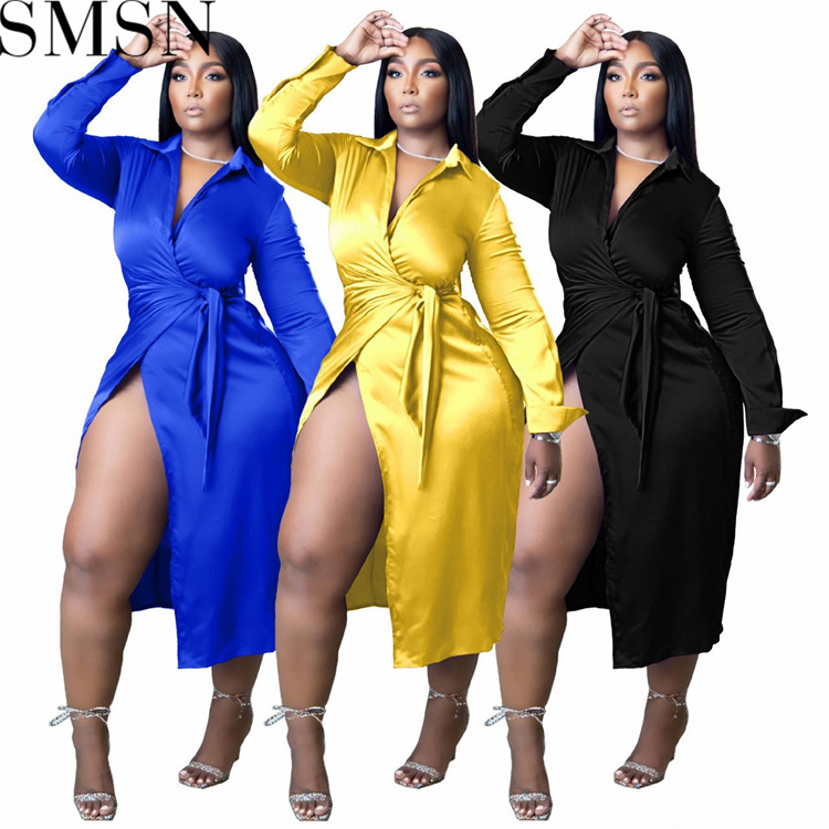 Plus Size Dress Amazon new autumn and winter blouse collar stretch satin wrap dress