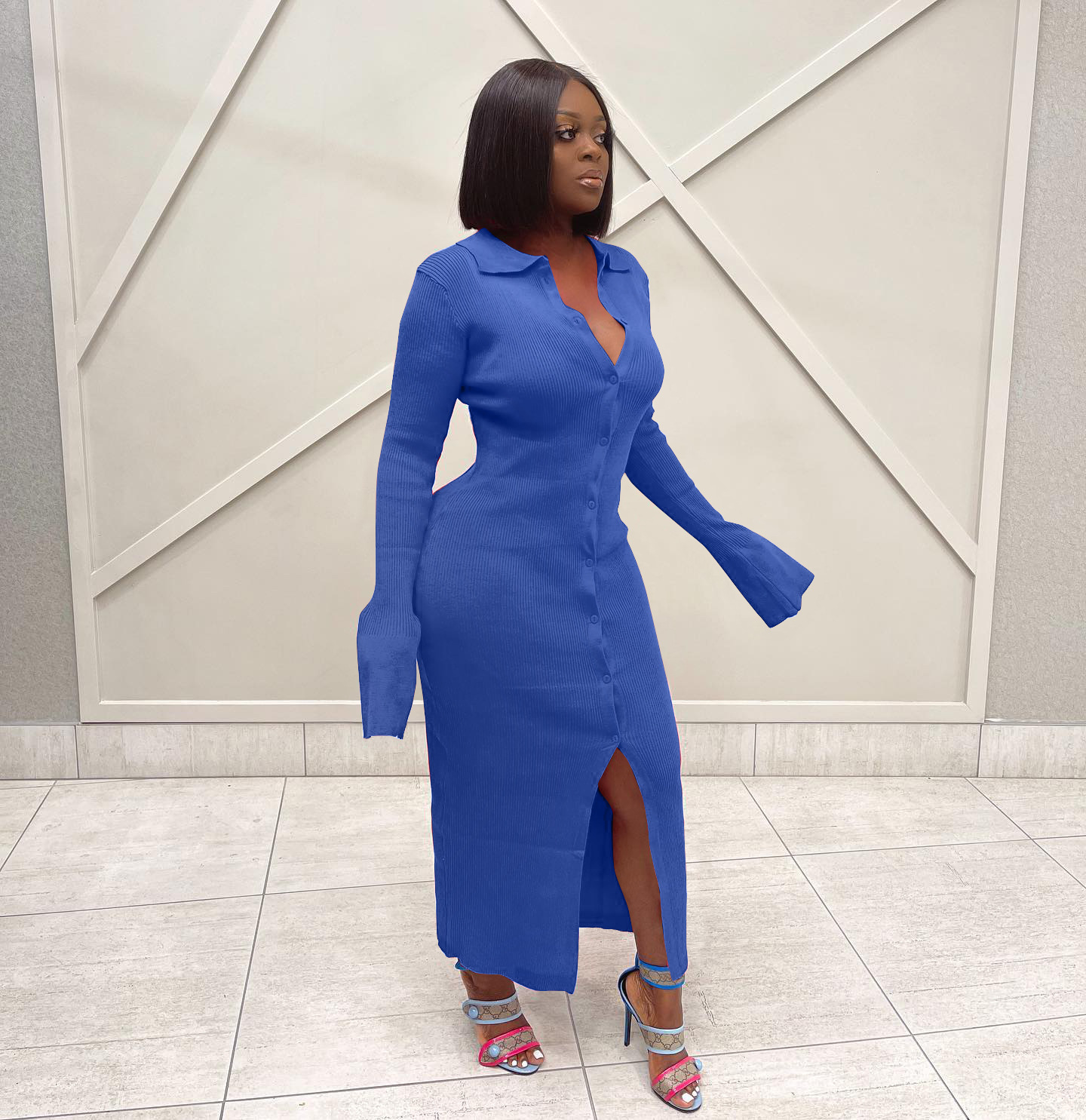 Fashion women dress Amazon long sleeve V neck long button bell sleeve dress sweater