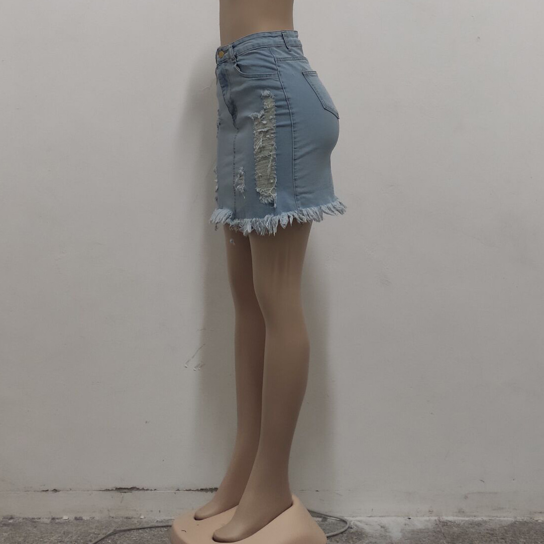 Fashion wear out high waist elastic denim skirt