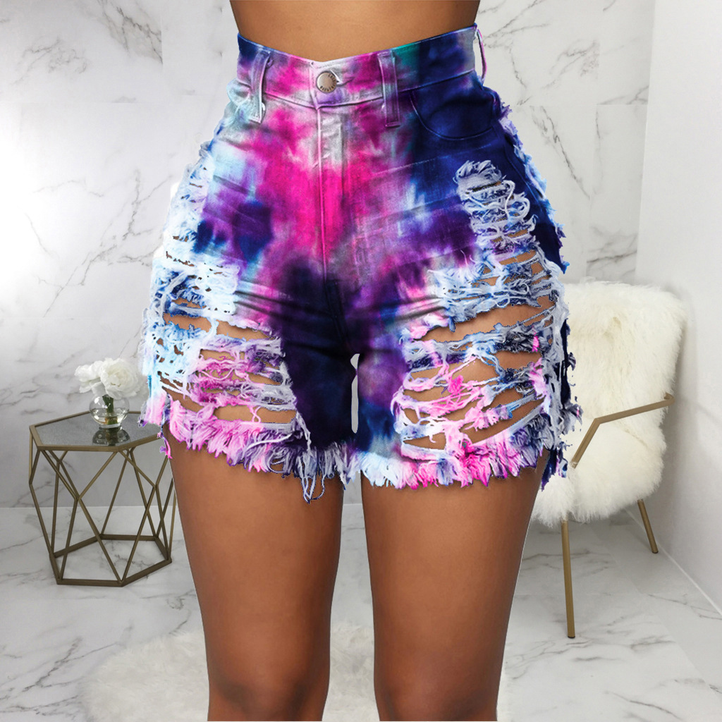 Fashion sexy pierced tie dyed denim shorts