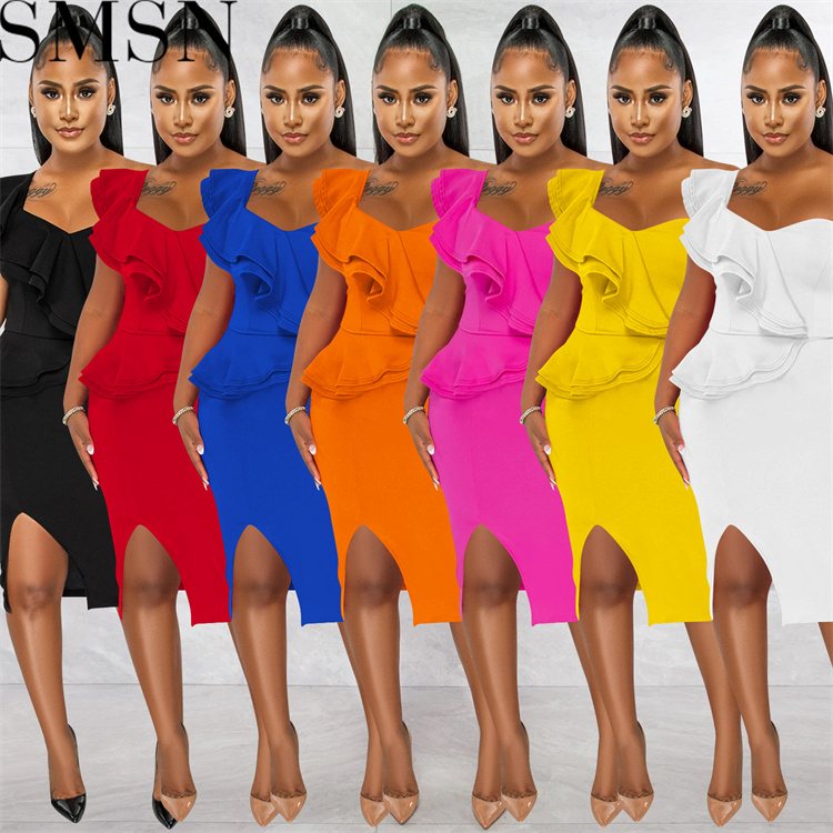 Plus Size DressFashion casual ruffled split one shoulder sleeve dress