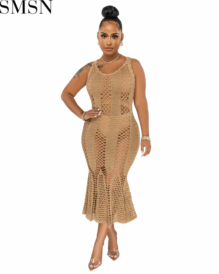 Fashion women dress Amazon Ins Style Sexy Cutout Strap Blouse Hand Crochet Knitted Dress