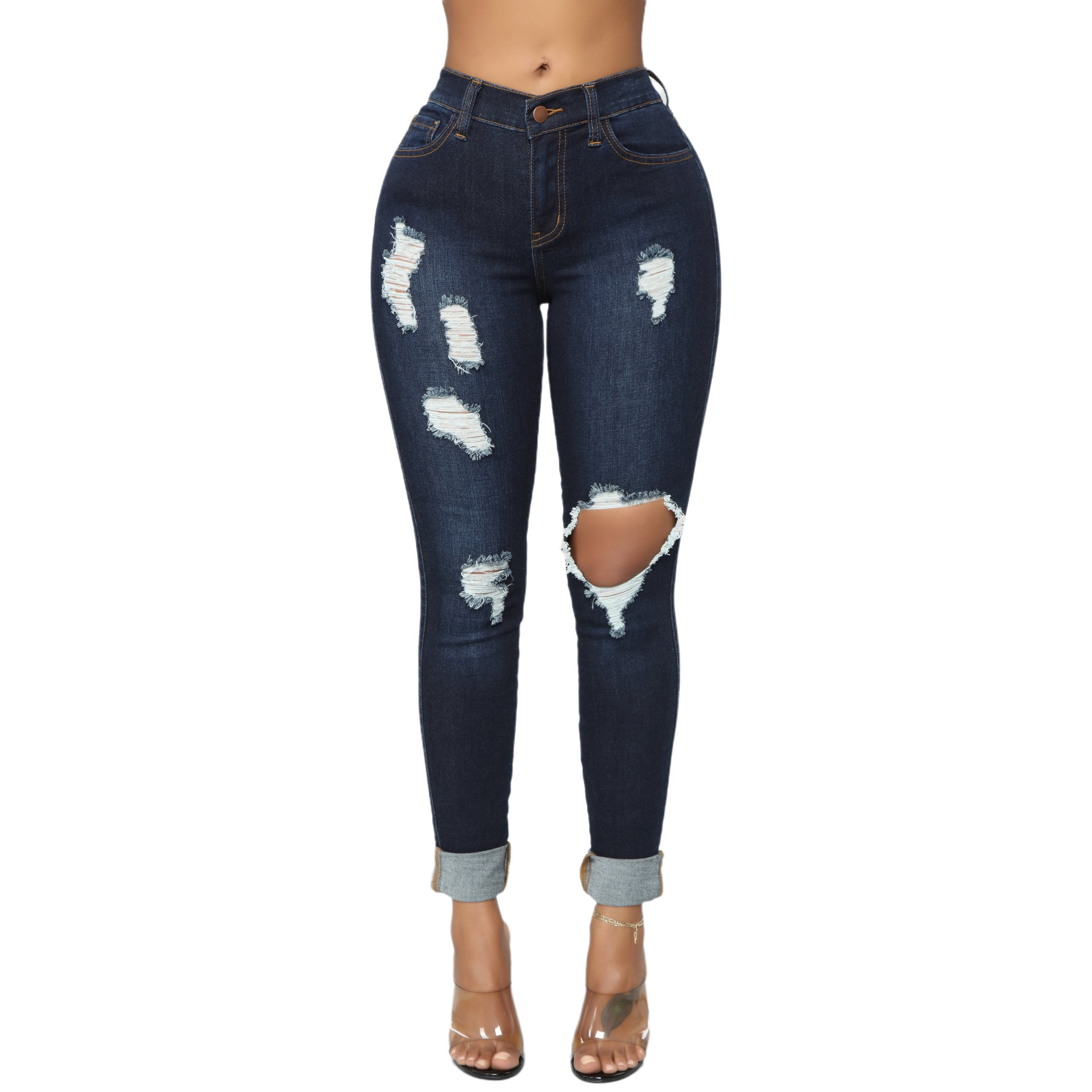 Fashion high waist denim hole tights