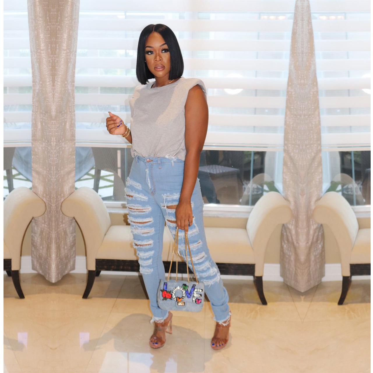 Casual fashion washed torn jeans