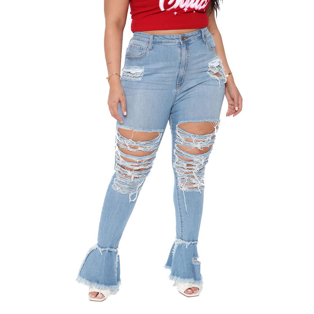 Fashion hole stitching micro flared pants