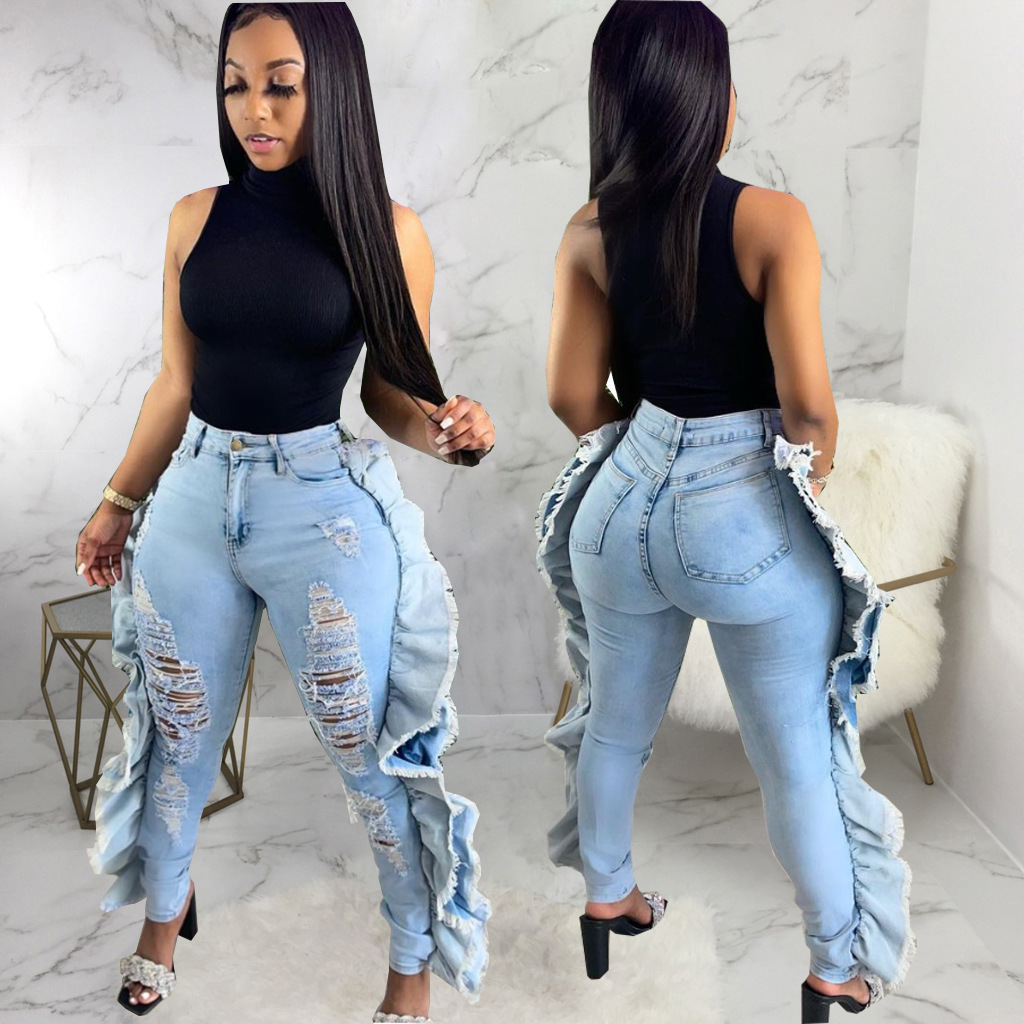 Sexy pierced elastic jeans Leggings