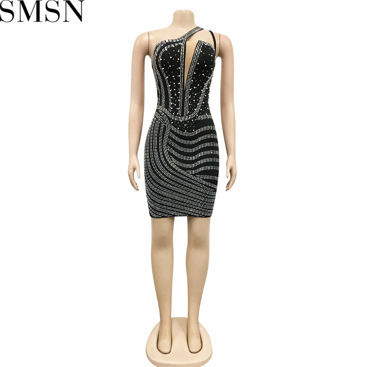 Casual Dress fashion sexy nightclub hot rhinestone diagonal collar mesh see through midi dress
