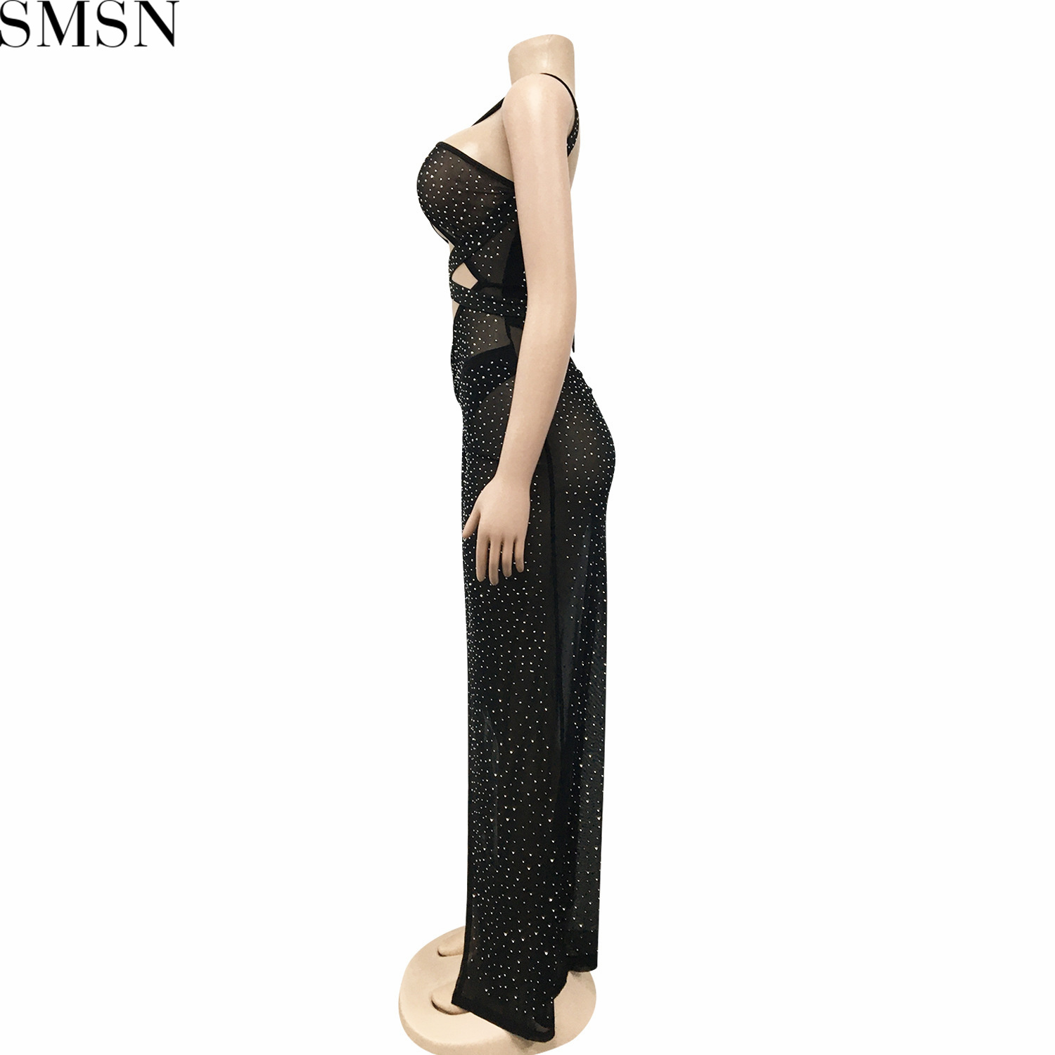 Plus Size Dress new fashion style nightclub mesh hot drilling sexy hollow-out camisole split maxi dress