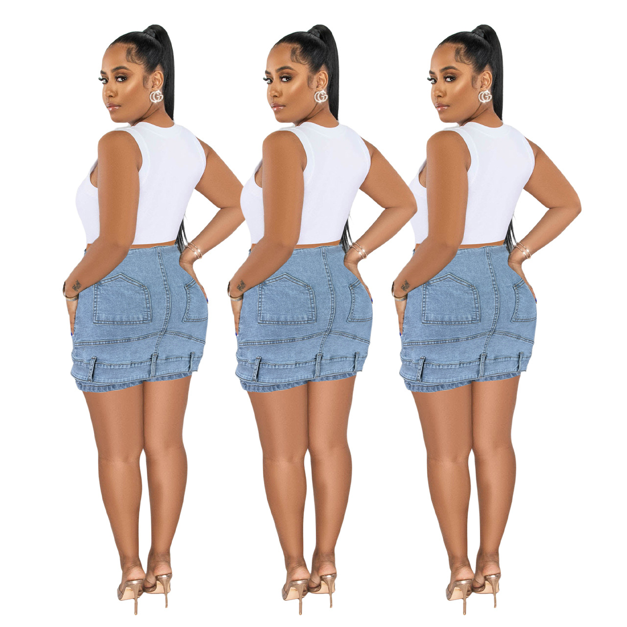 Women's Washed Street Irregular High Waist Elastic Denim Skirt