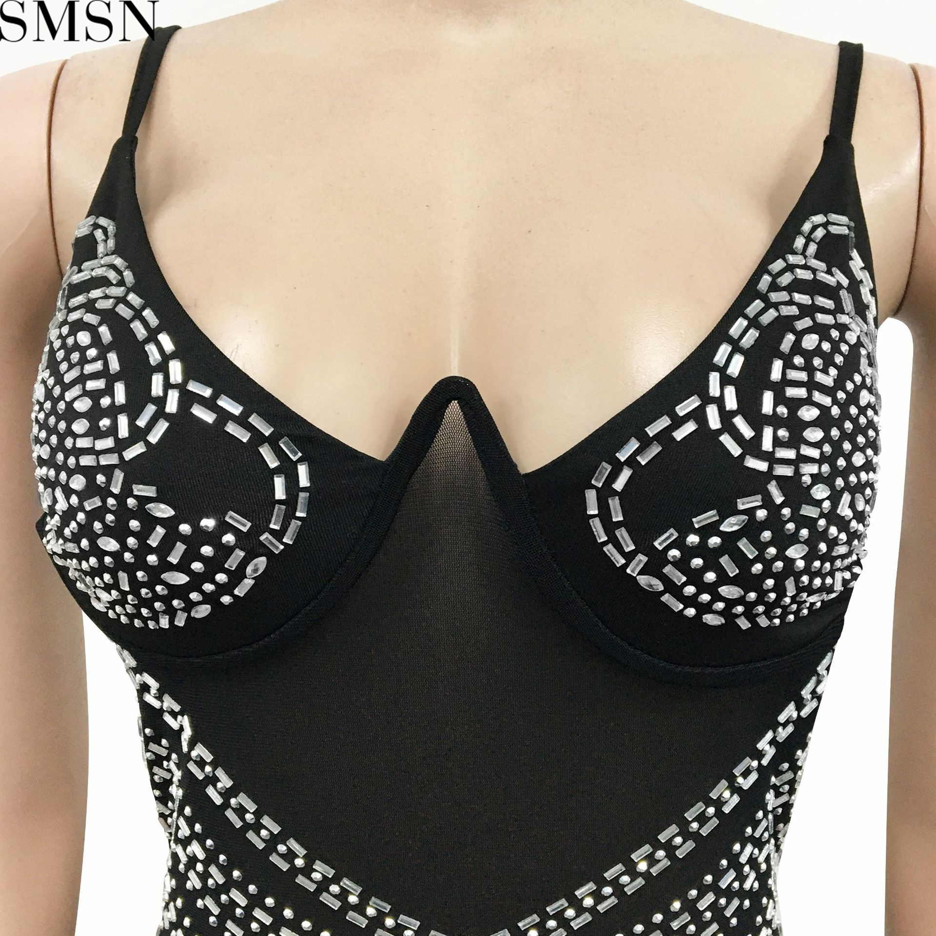 Plus Size Dress new hot rhinestone sexy spaghetti straps chest wrap mesh see-through maxi dress