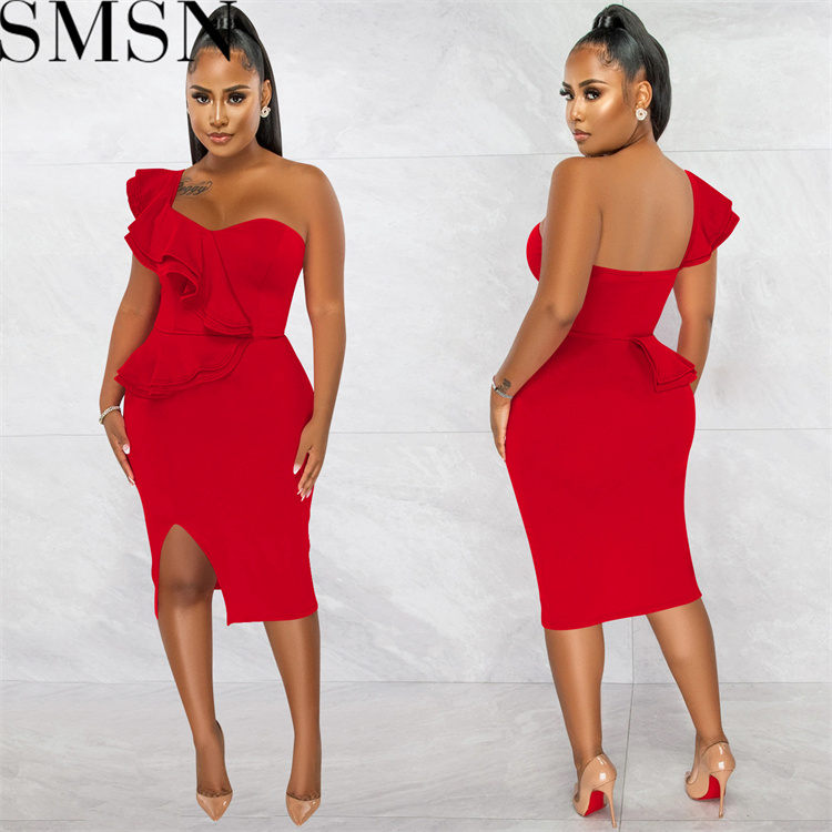 Plus Size DressFashion casual ruffled split one shoulder sleeve dress
