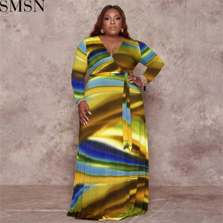 Plus Size Dress Amazon abstract printing with belt deep V neck fashion tight large size dress