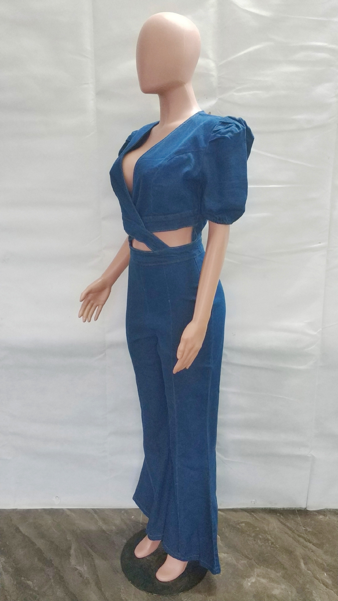 Lantern sleeve fashion casual sexy denim hollow out jumpsuit