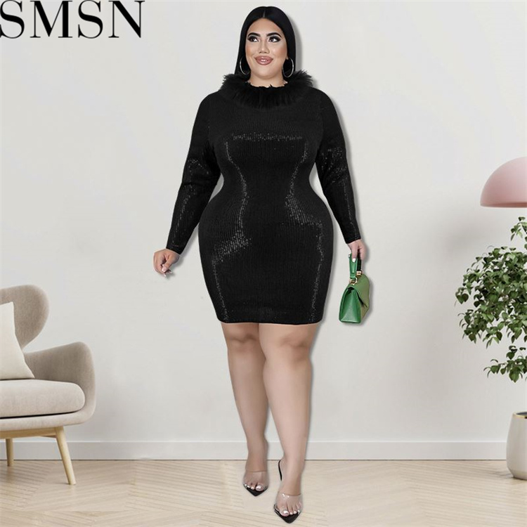Plus Size Dress large size fall fur collar Velvet Bottom embroidered sequined dress