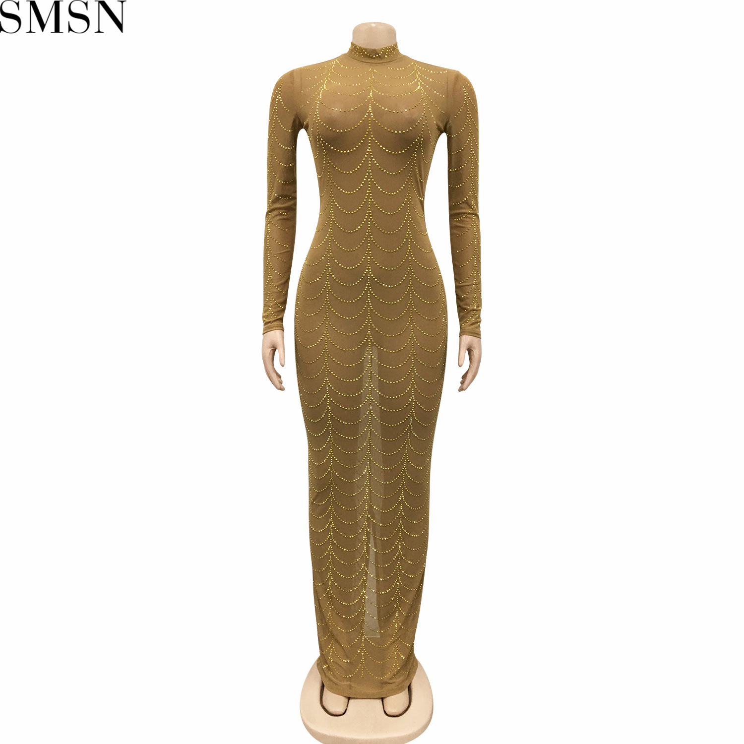 Plus Size Dress fashion new sexy nightclub hot rhinestone mesh see-through long sleeve dress