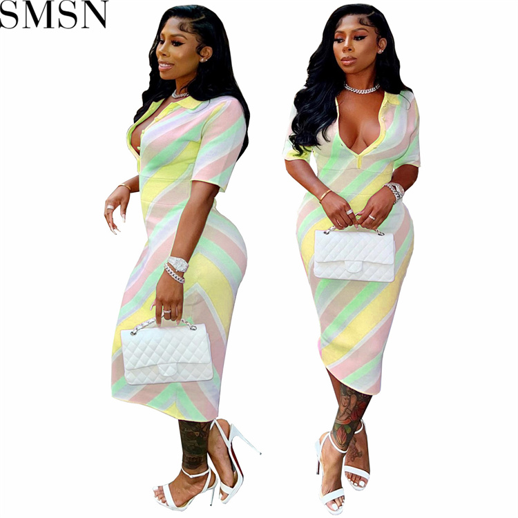Casual Dress digital stripes contrast color positioning printing skinny V neck button sexy dress
