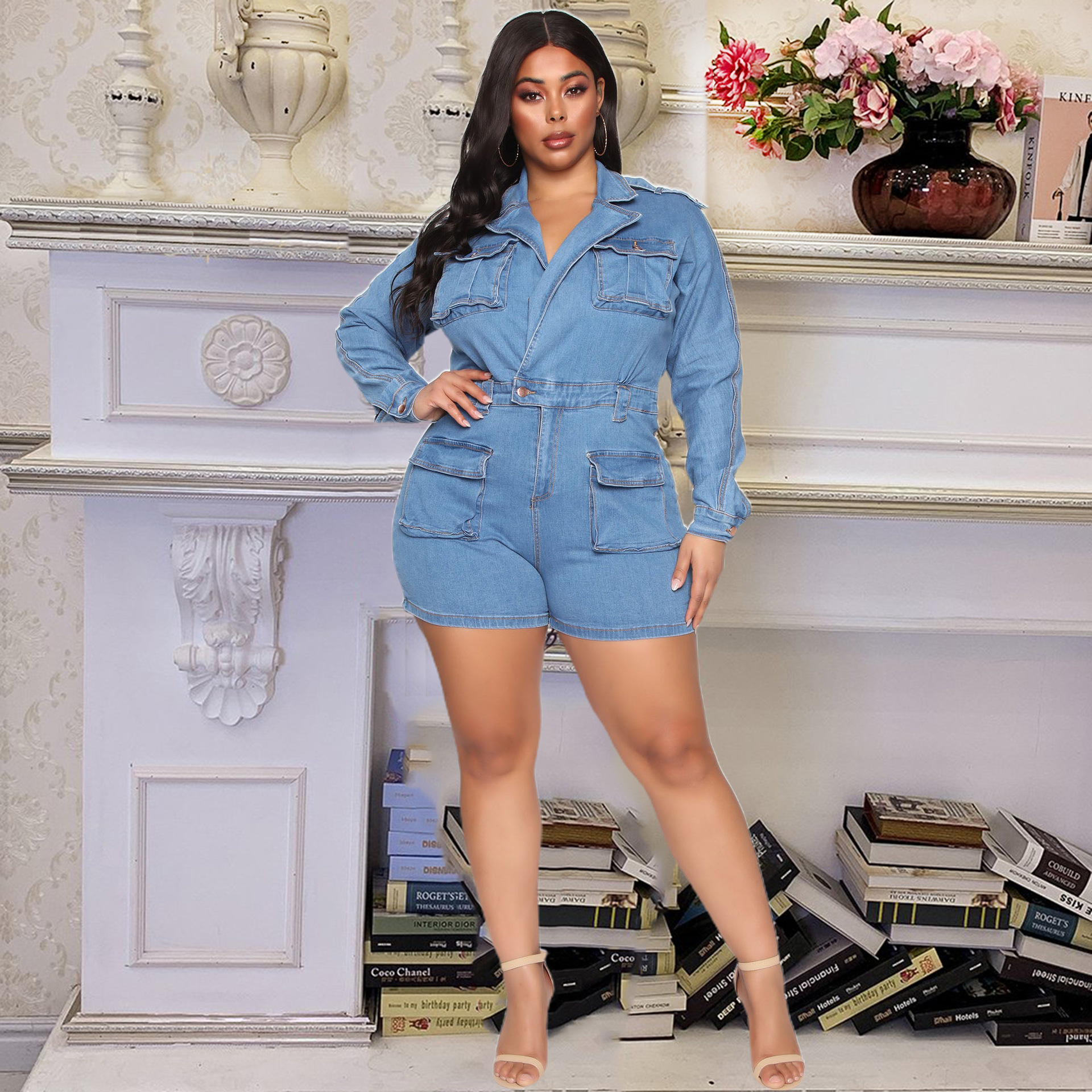 Washed casual denim one-piece shorts