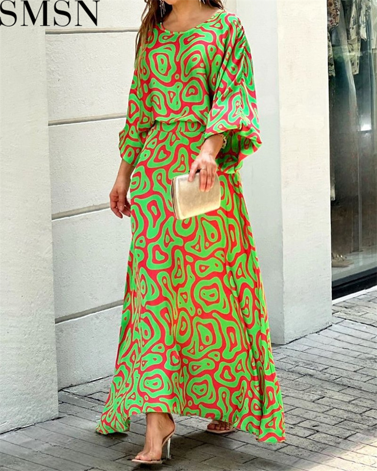 Casual Dress summer New loose plus size print long sleeved top high waist long dress