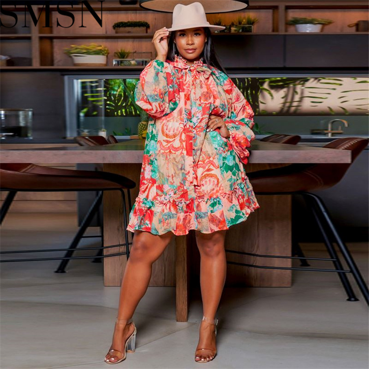 Plus Size Dress Printed Lotus Collar Sexy Woven Large Swing Skirt with Belt Large Size Women Dress