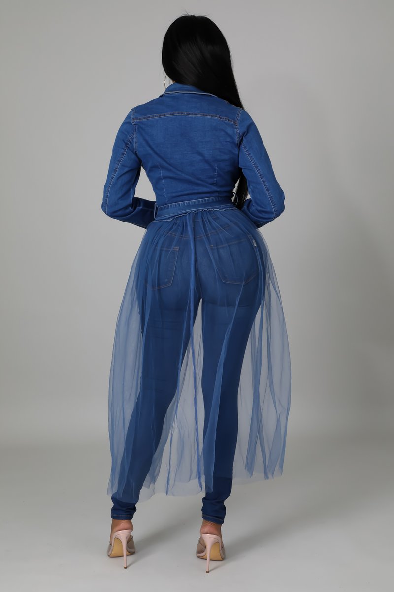 Denim stitched mesh long windbreaker