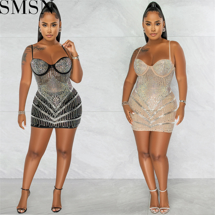Casual Dress Amazon nightclubs hot rhinestone sexy see through wrapped chest midi dress