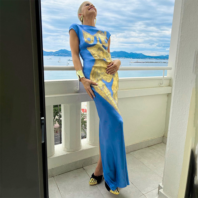 Body Printed Short Sleeved Slim Round Neck Slit Long Dress