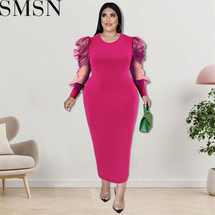 Plus Size Dress fall women clothing wholesale round neck long sleeve hit net dress