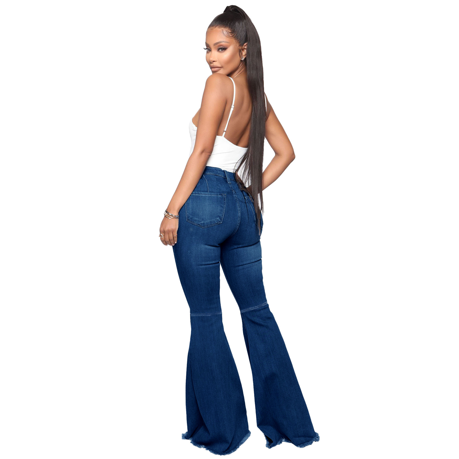 Fashion high waist elastic denim flared pants