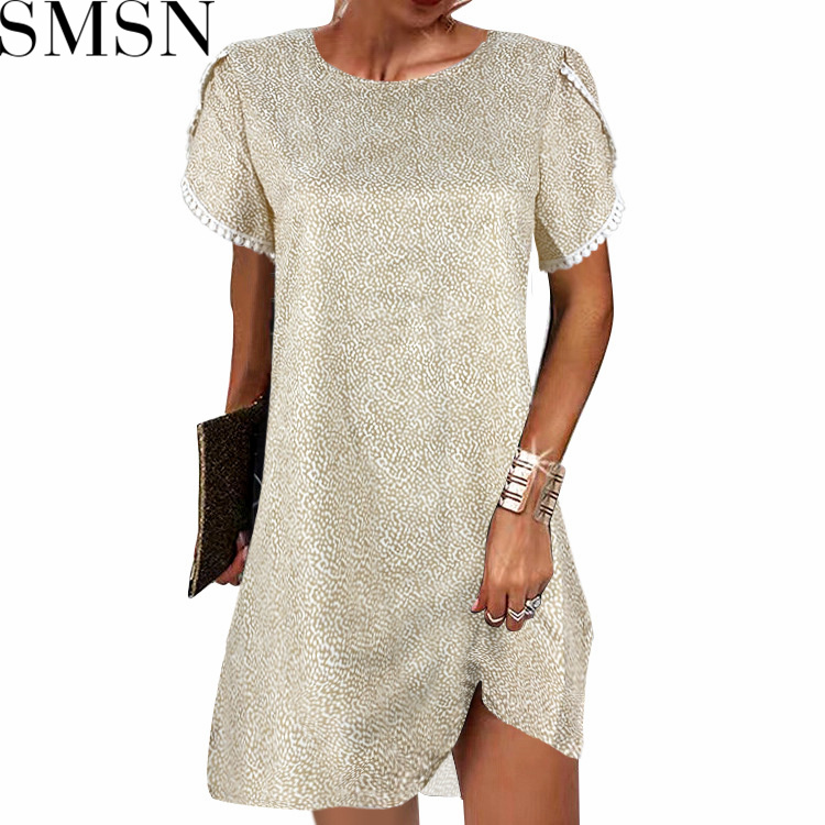 Casual Dress 2022 summer round neck short sleeve loose lace edge ladies floral dress