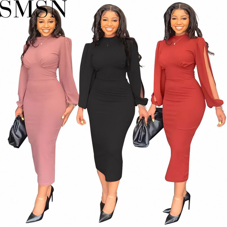 Plus Size Dress Fashion round Neck Long Sleeve Slim Party Dress Women