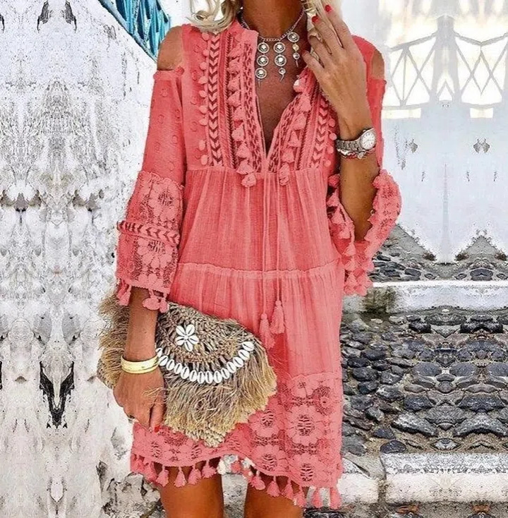 Long Sleeved Embroidered Hollowed Out Dress