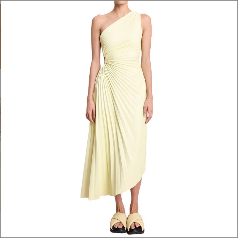 Single Shoulder Pleated Hollow Out Dress(Satin)