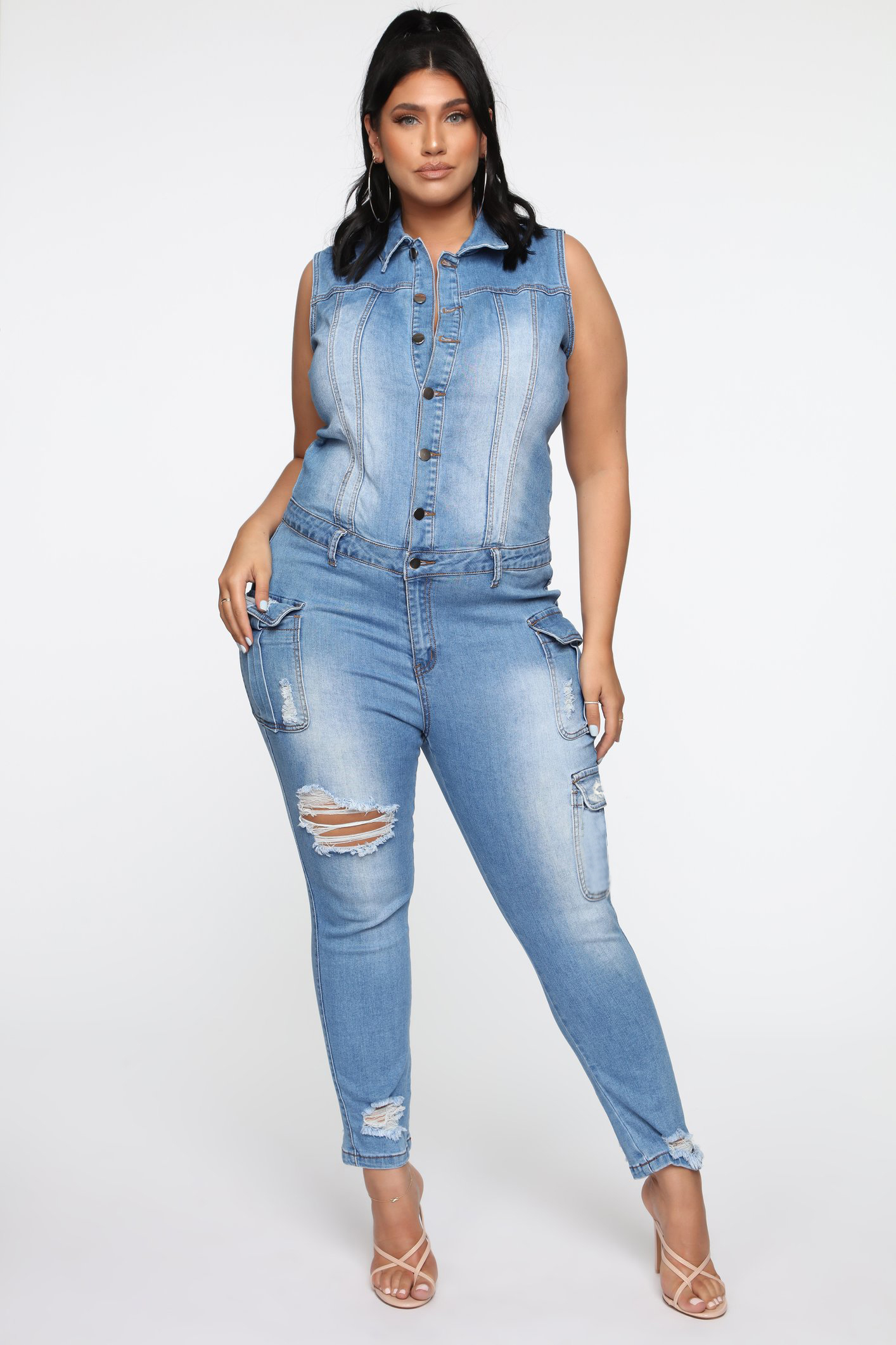 Casual slim hole denim Jumpsuit