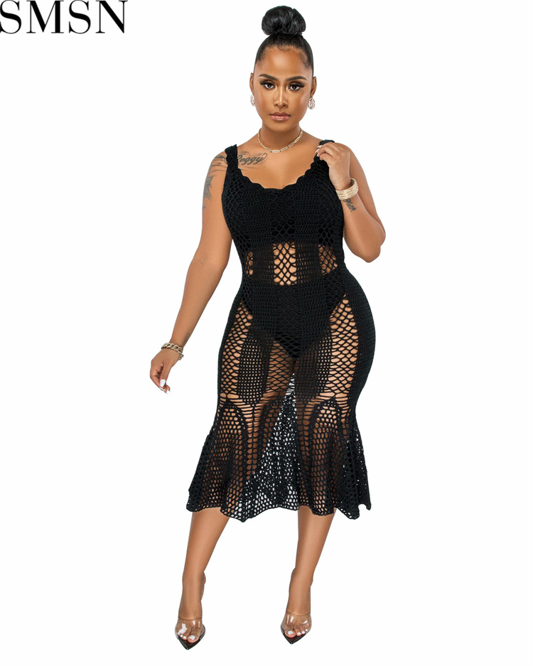 Fashion women dress Amazon Ins Style Sexy Cutout Strap Blouse Hand Crochet Knitted Dress