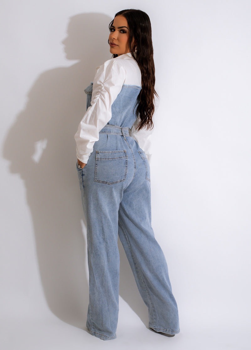 Fashion casual denim patchwork large jumpsuit with belt