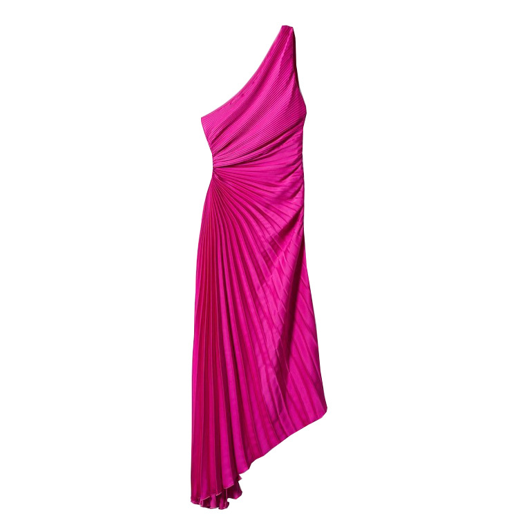 Single Shoulder Pleated Hollow Out Dress(Satin)